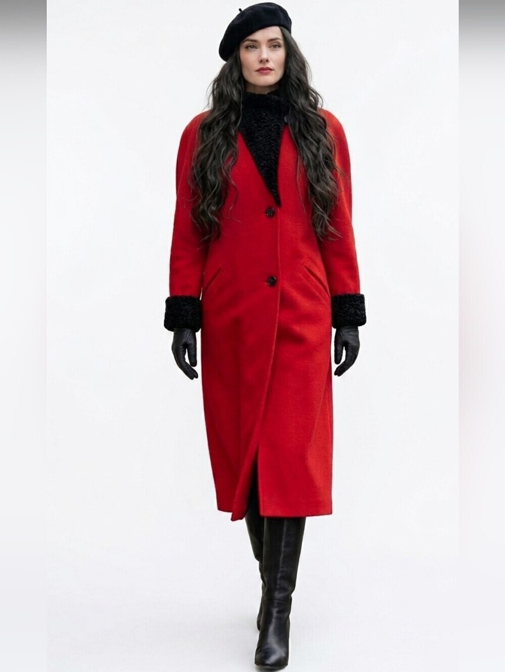 Vintage 100% Wool Maxi Trench Goth Coat Red with Black Trim Size Medium